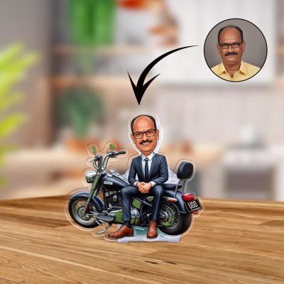 Personalized Bobblehead Caricature Figurine with Motorcycle, Custom with Funny Face Cutout Solar Powered with Moving Head for Car Dashboard & Tabletop Funny